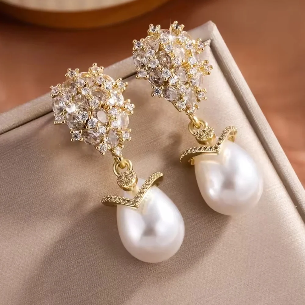 Golden Crystal Bouquet Pearl Earrings